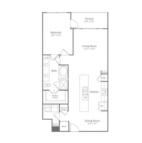 Floor plan for 1 bed, 1 bath, 964 sqft